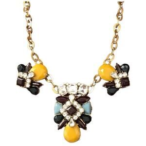 J. Crew Mustard Yellow Blue Eggplant Antique Gold Rhinestone‎ Statement Necklace